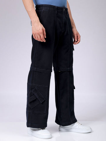 Men's Blue Baggy Solid Mid-Rise Convertible Cargo Denim