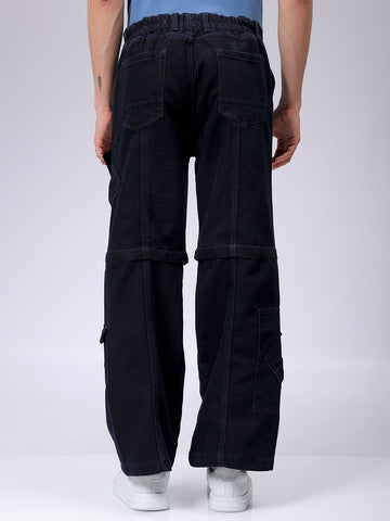 Men's Blue Baggy Solid Mid-Rise Convertible Cargo Denim