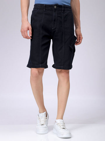 Men's Blue Baggy Solid Mid-Rise Convertible Cargo Denim