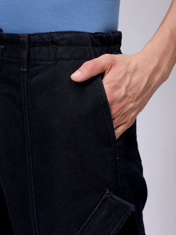 Men's Blue Baggy Solid Mid-Rise Convertible Cargo Denim