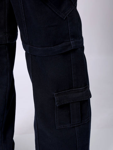 Men's Blue Baggy Solid Mid-Rise Convertible Cargo Denim