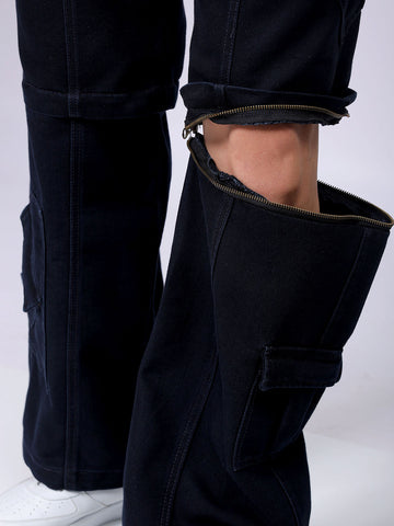 Men's Blue Baggy Solid Mid-Rise Convertible Cargo Denim