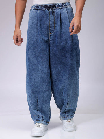 Men's Blue Baggy Solid Mid-Rise Denim Harem Pants – TIGC