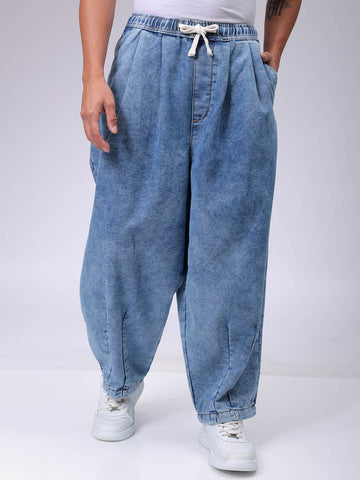 Men's Blue Baggy Solid Mid-Rise Denim Harem Pants