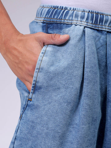 Men's Blue Baggy Solid Mid-Rise Denim Harem Pants