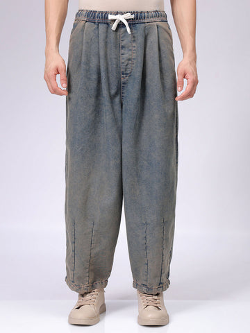 Men's Brown Baggy Solid Mid-Rise Denim Harem Pants