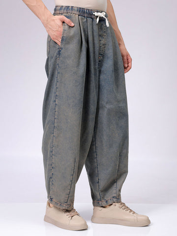 Men's Brown Baggy Solid Mid-Rise Denim Harem Pants
