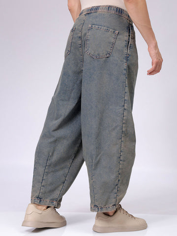 Men's Brown Baggy Solid Mid-Rise Denim Harem Pants