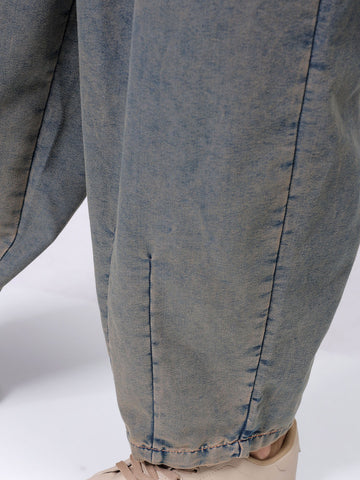 Men's Brown Baggy Solid Mid-Rise Denim Harem Pants