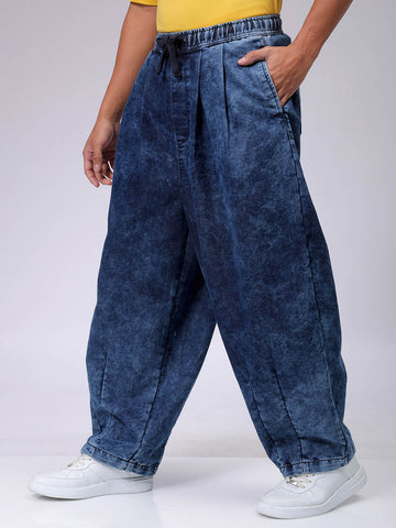 Men's Blue Baggy Solid Mid-Rise Denim Harem Pants
