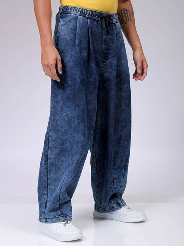 Men's Blue Baggy Solid Mid-Rise Denim Harem Pants