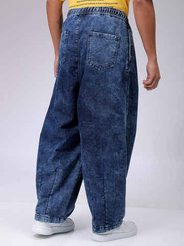 Men's Blue Baggy Solid Mid-Rise Denim Harem Pants
