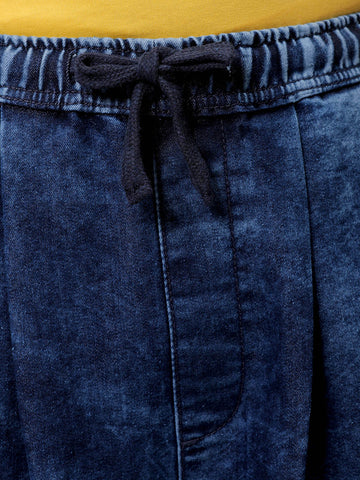 Men's Blue Baggy Solid Mid-Rise Denim Harem Pants