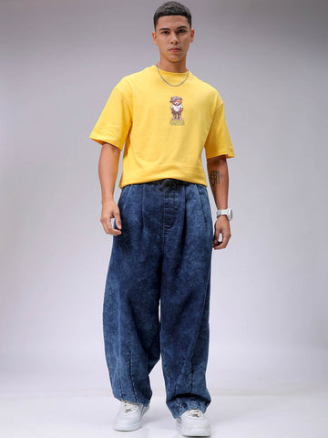 Men's Blue Baggy Solid Mid-Rise Denim Harem Pants