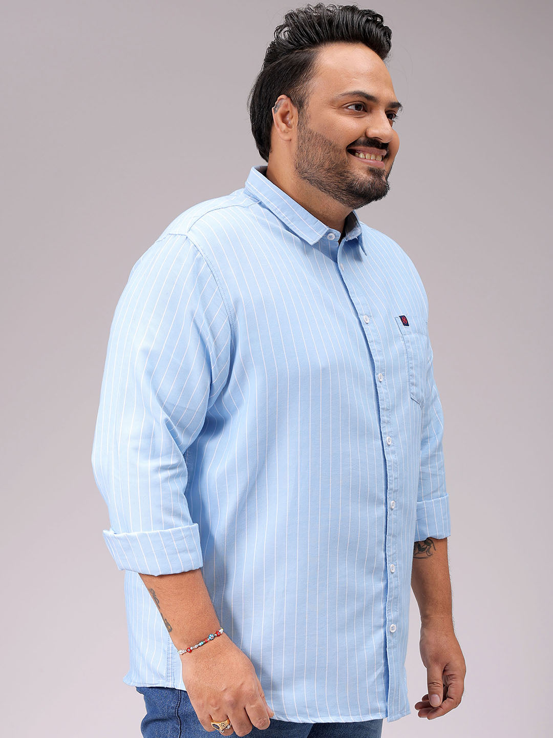 Men's Blue Regular Fit Striped Plus Size Casual Shirt