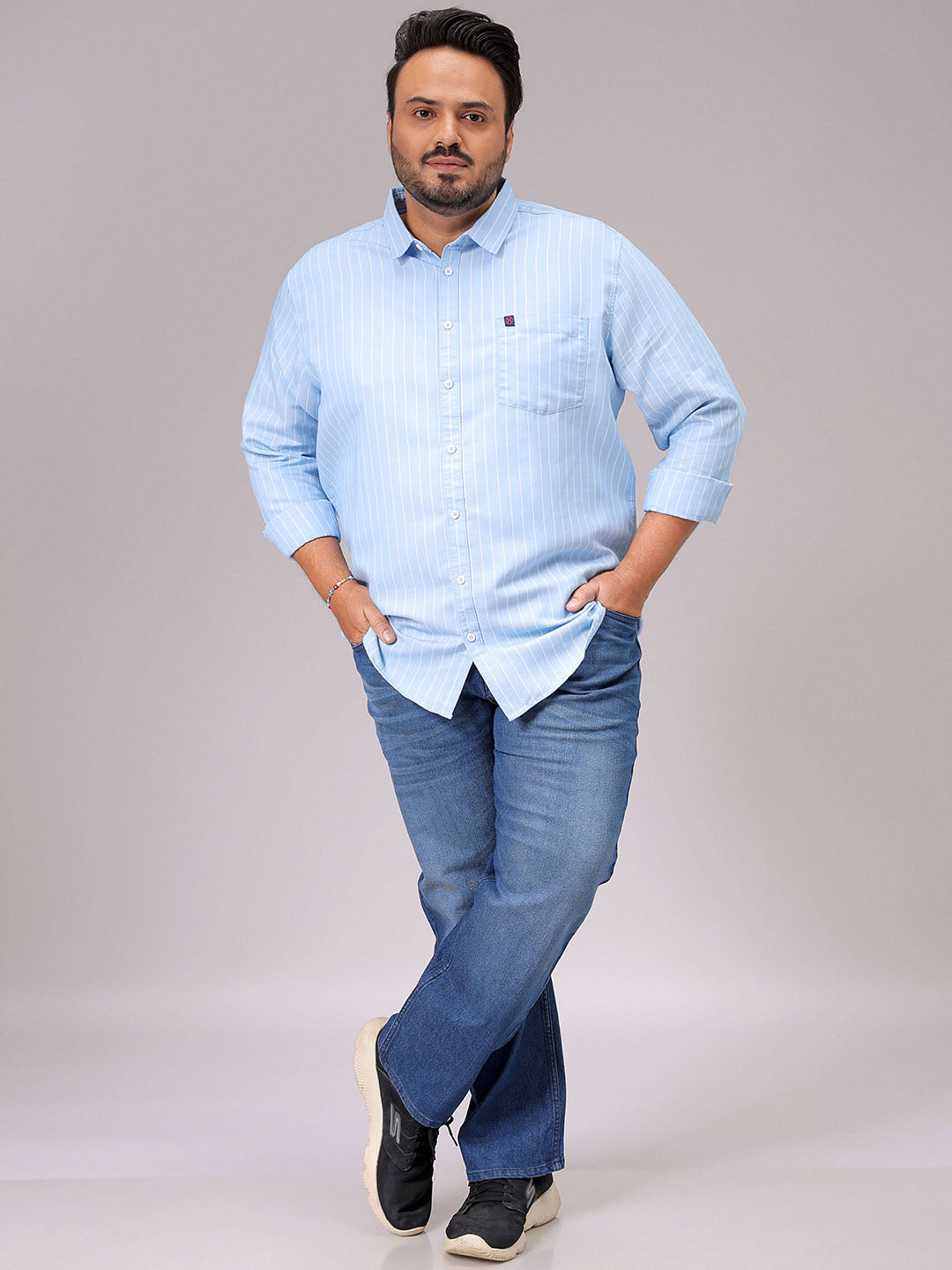 Men's Blue Regular Fit Striped Plus Size Casual Shirt