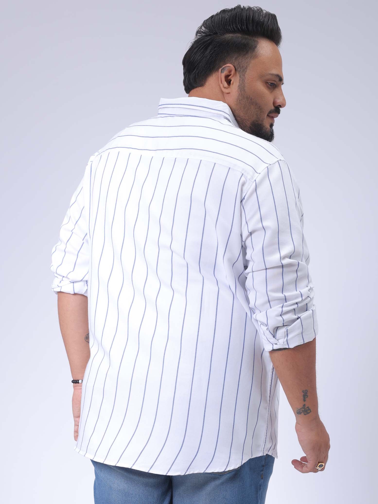 Men's Plus Size White Regular Fit Vertical Striped Casual Shirt