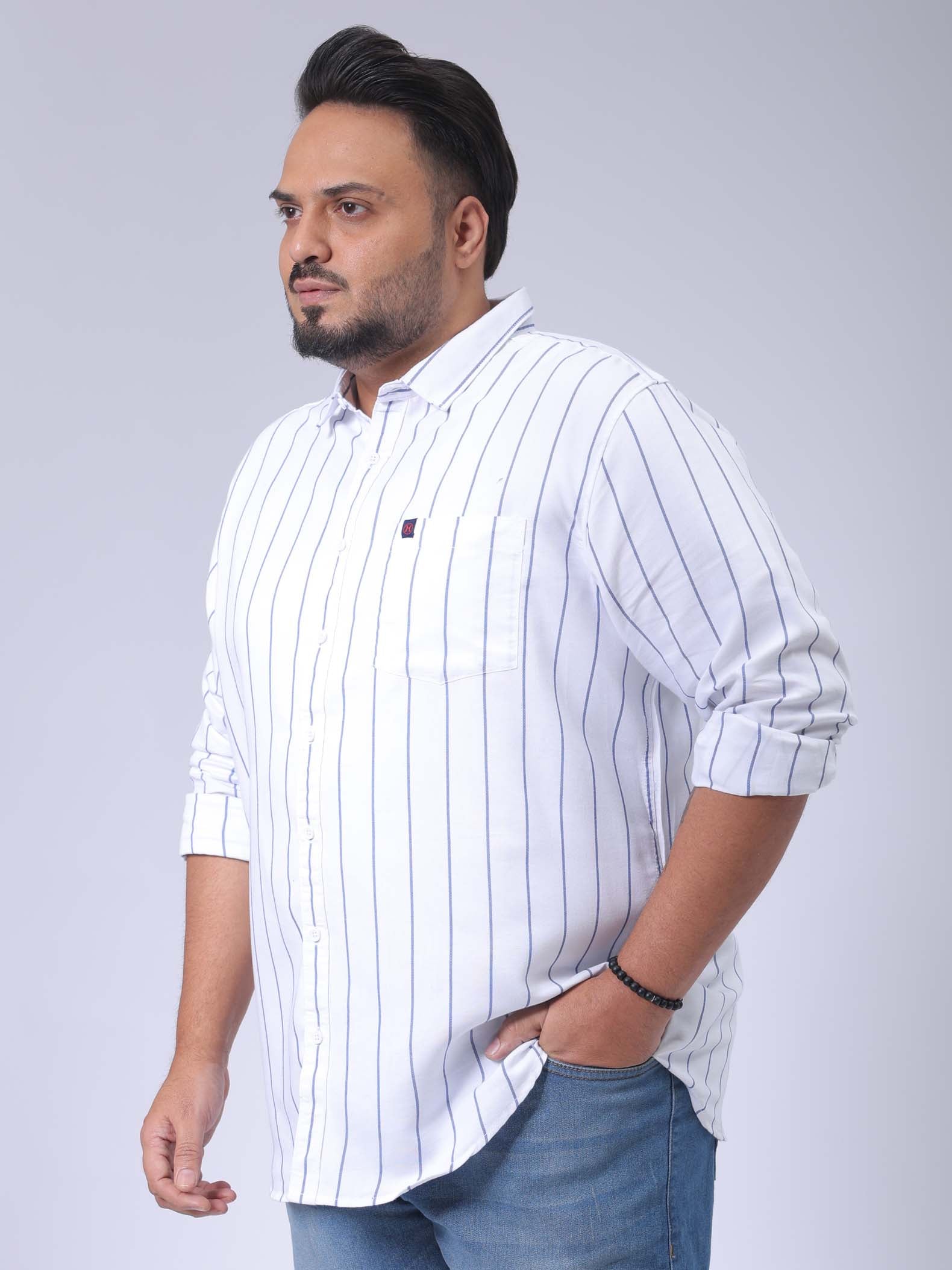 Men's Plus Size White Regular Fit Vertical Striped Casual Shirt