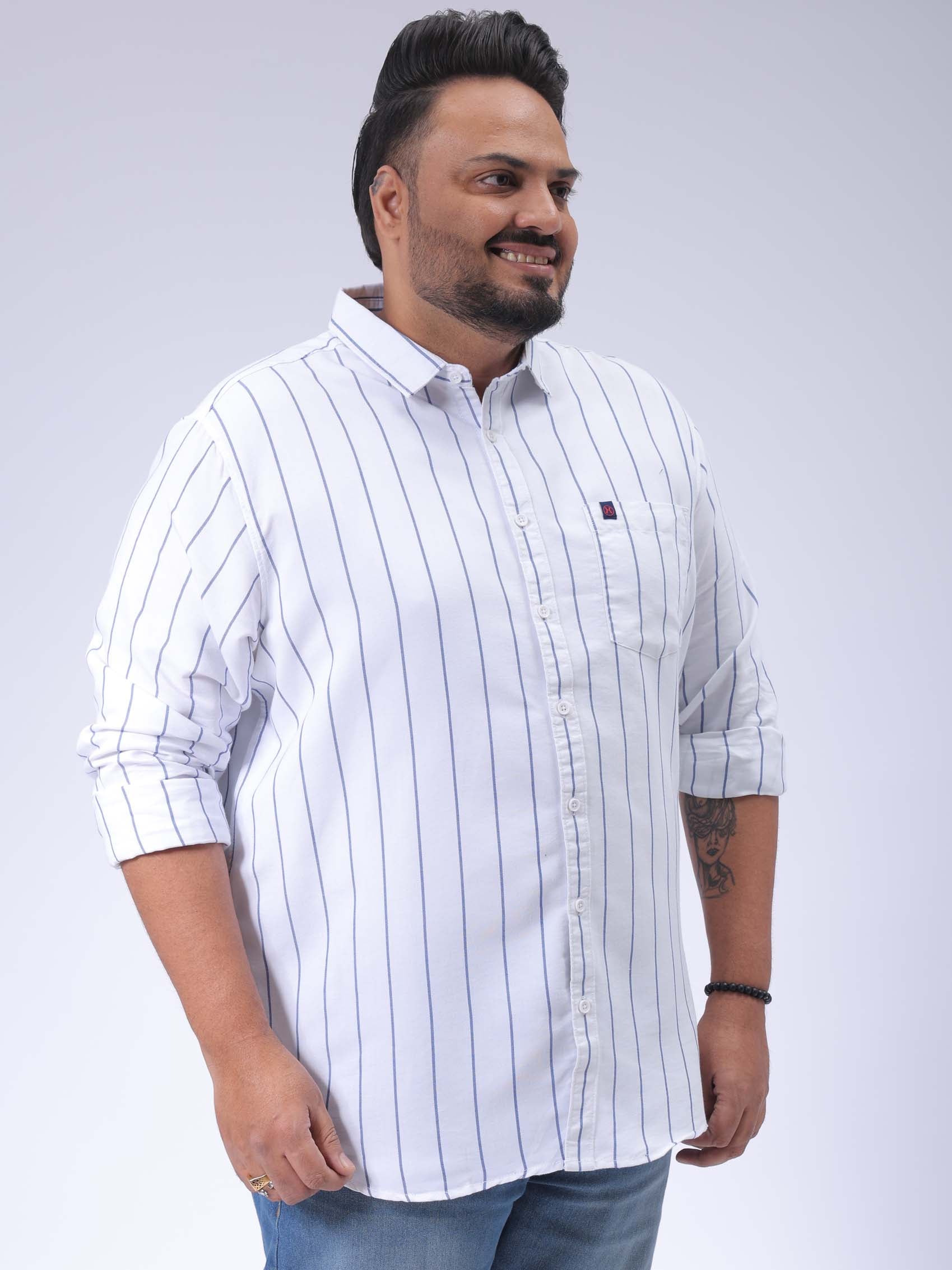 Men's Plus Size White Regular Fit Vertical Striped Casual Shirt