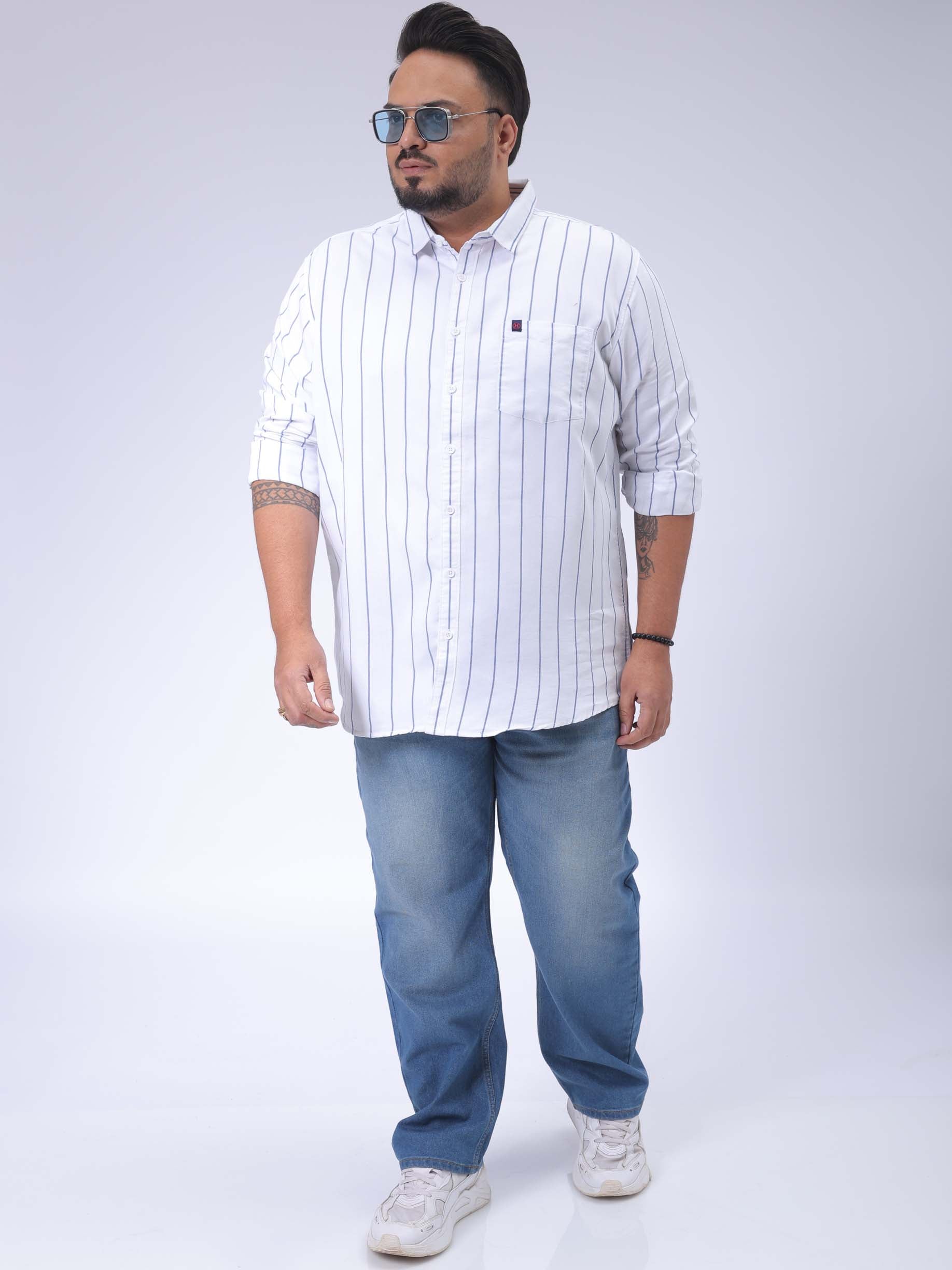 Men's Plus Size White Regular Fit Vertical Striped Casual Shirt