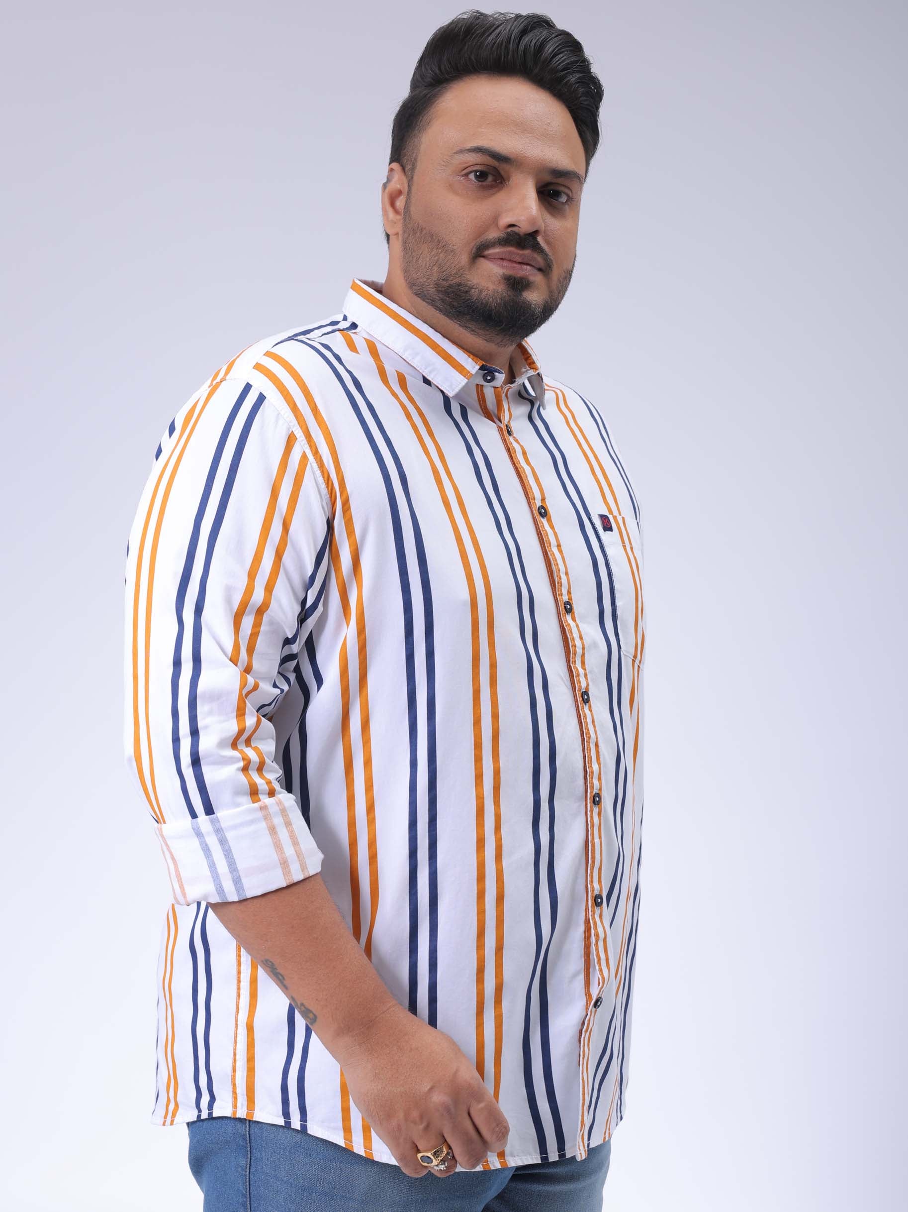 Men's Plus Size White Regular Fit Vertical Striped Casual Shirt