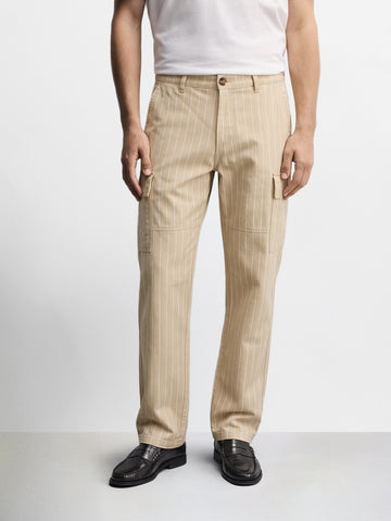Men's Cream Relaxed Fit Striped Utility Cargos
