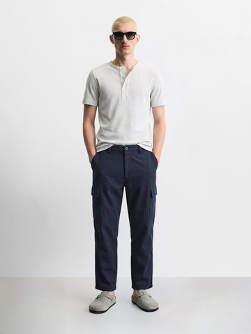 Men's Navy Blue Relaxed Fit Graphic Printed Utility Cargos
