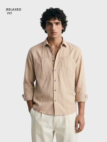 Men's Full Sleeves Relaxed Fit Beige Shirt