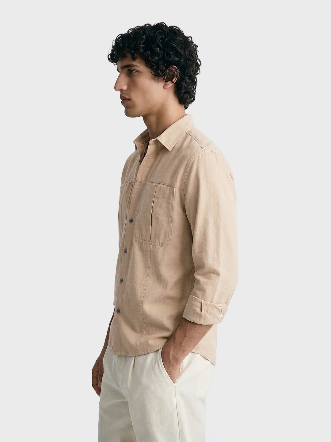 Men's Full Sleeves Relaxed Fit Beige Shirt