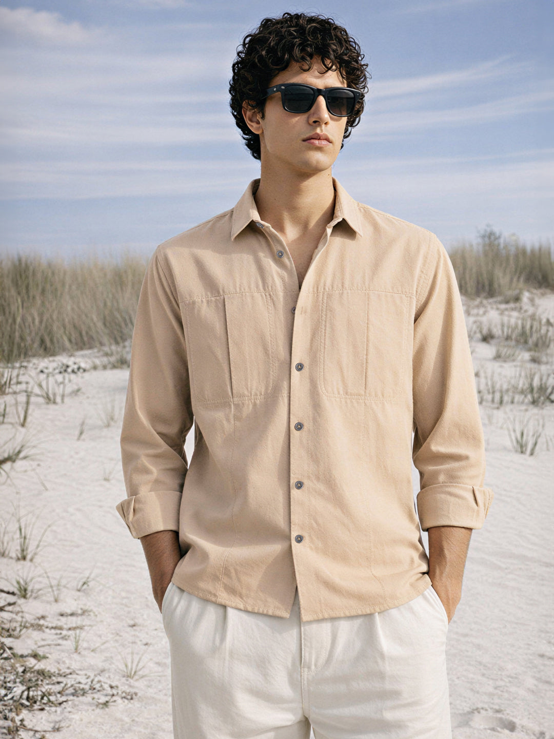 Men's Full Sleeves Relaxed Fit Beige Shirt