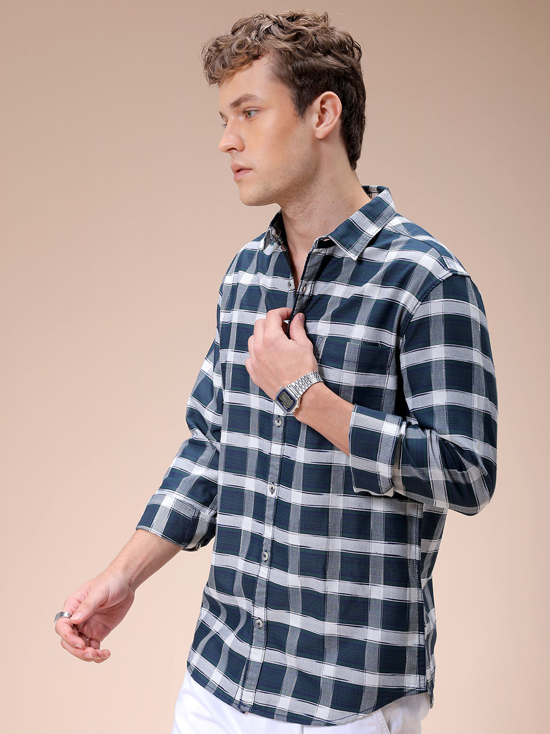 Men's Olive Slim Fit Checked Casual Shirt