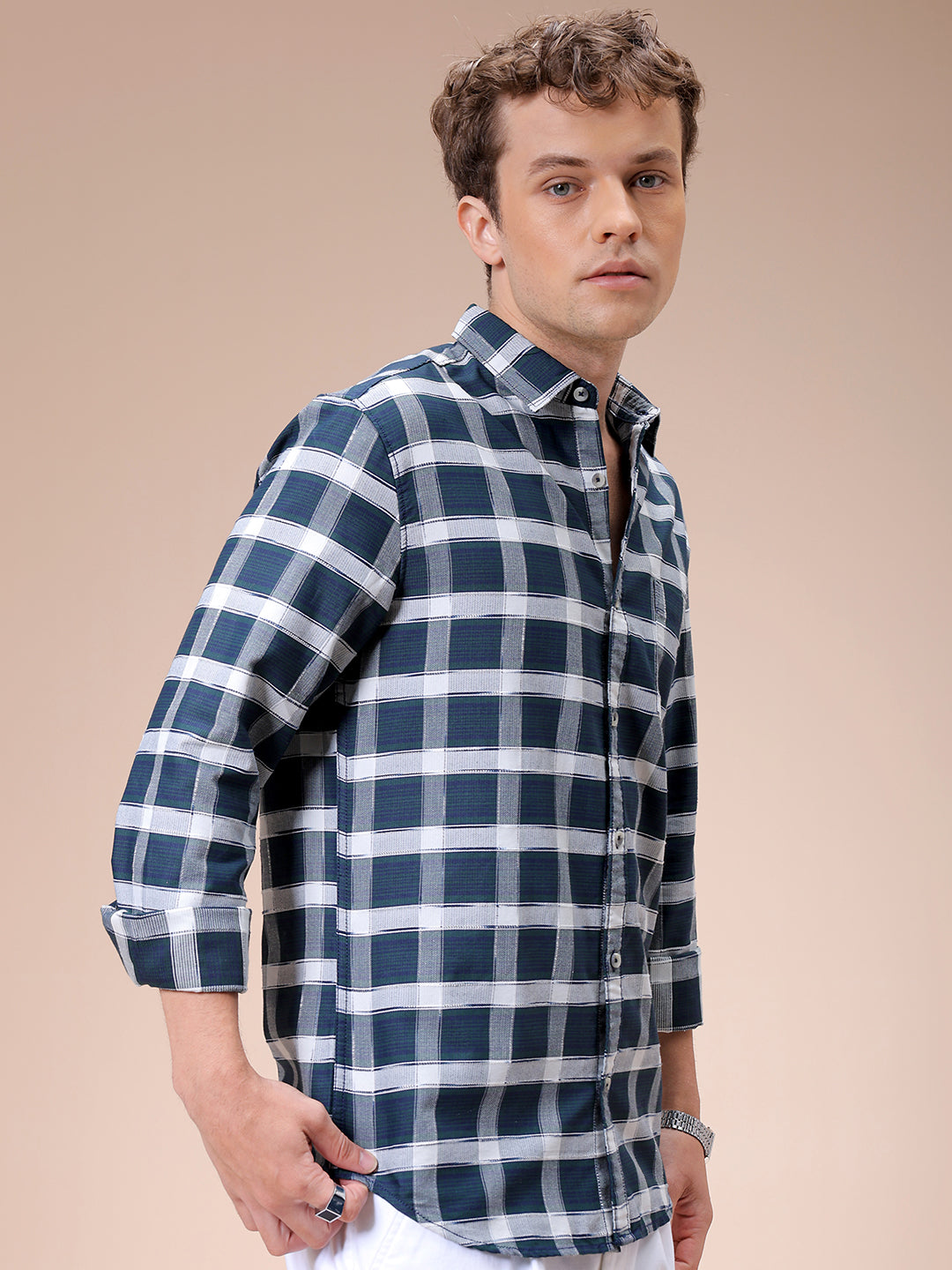 Men's Olive Slim Fit Checked Casual Shirt