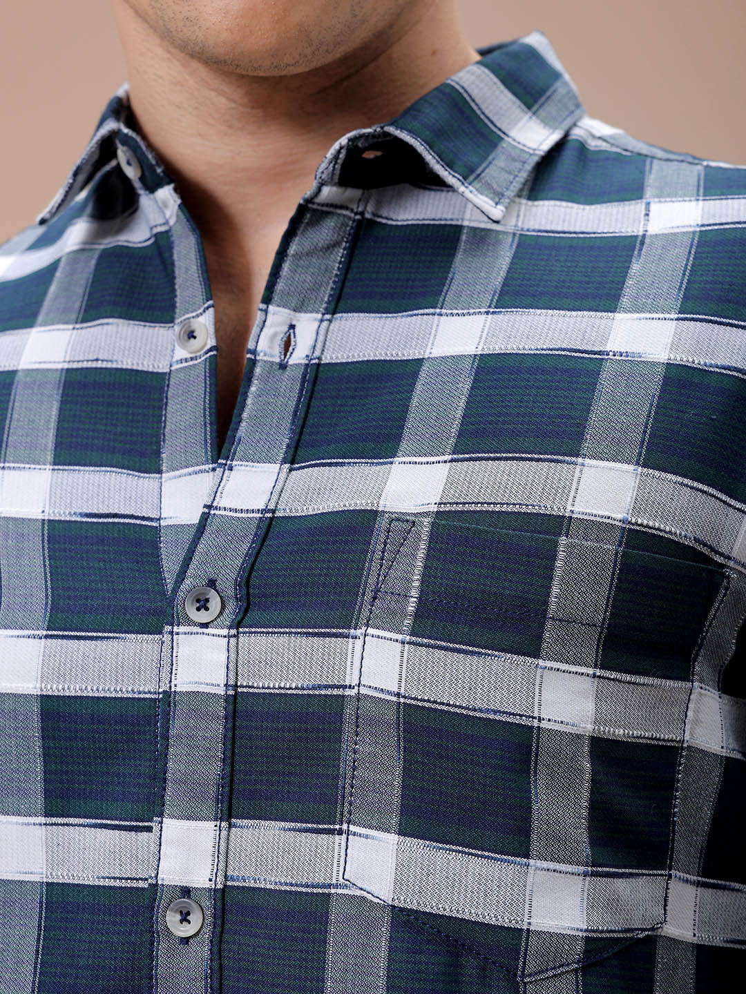 Men's Olive Slim Fit Checked Casual Shirt