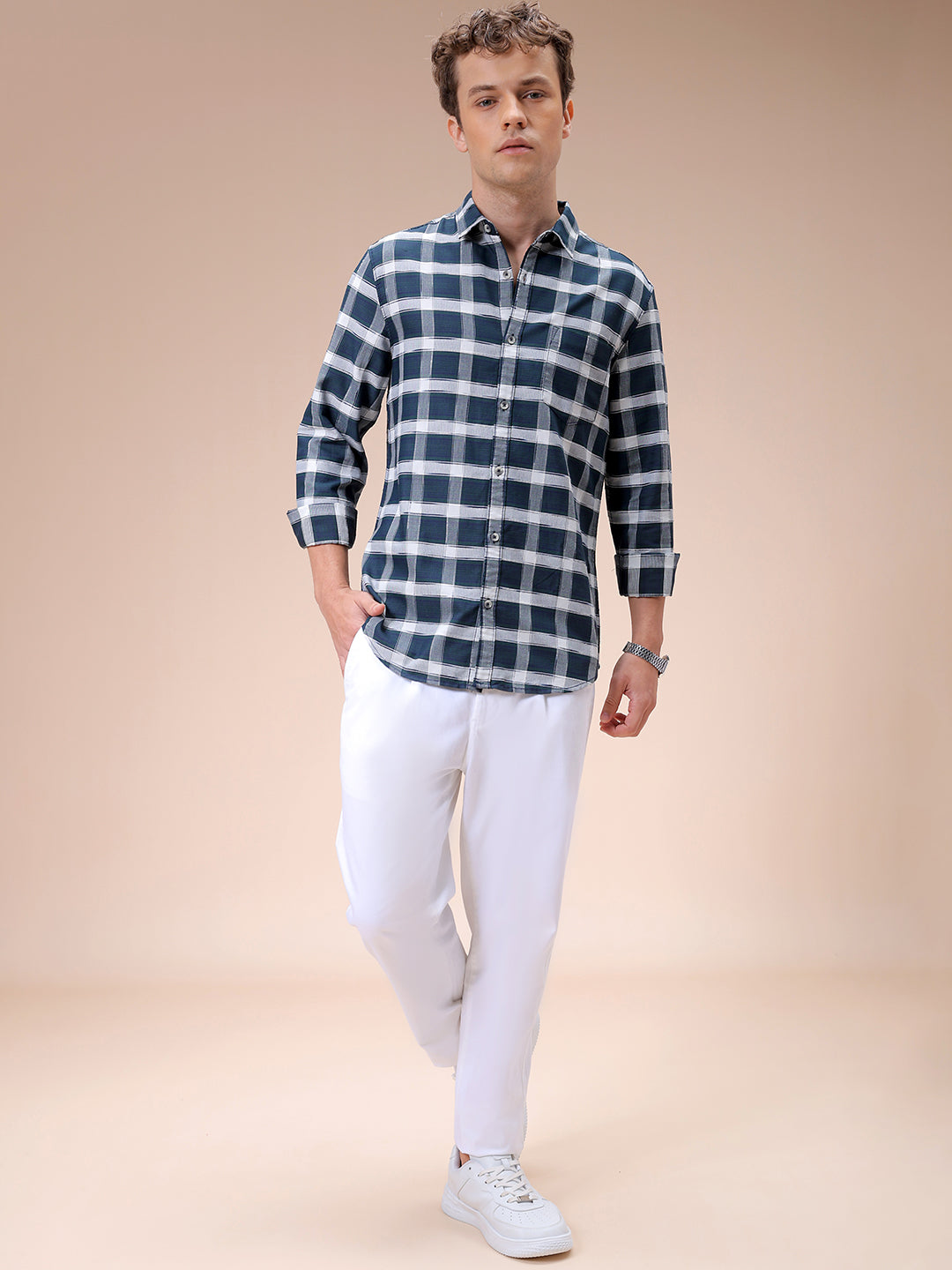 Men's Olive Slim Fit Checked Casual Shirt