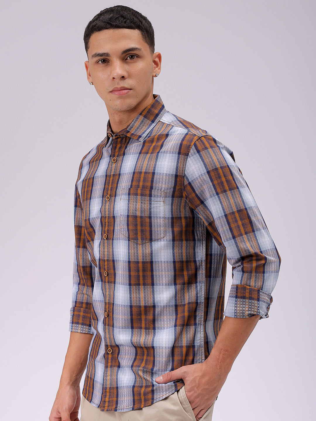 Men's Brown Slim Fit Checked Casual Shirt