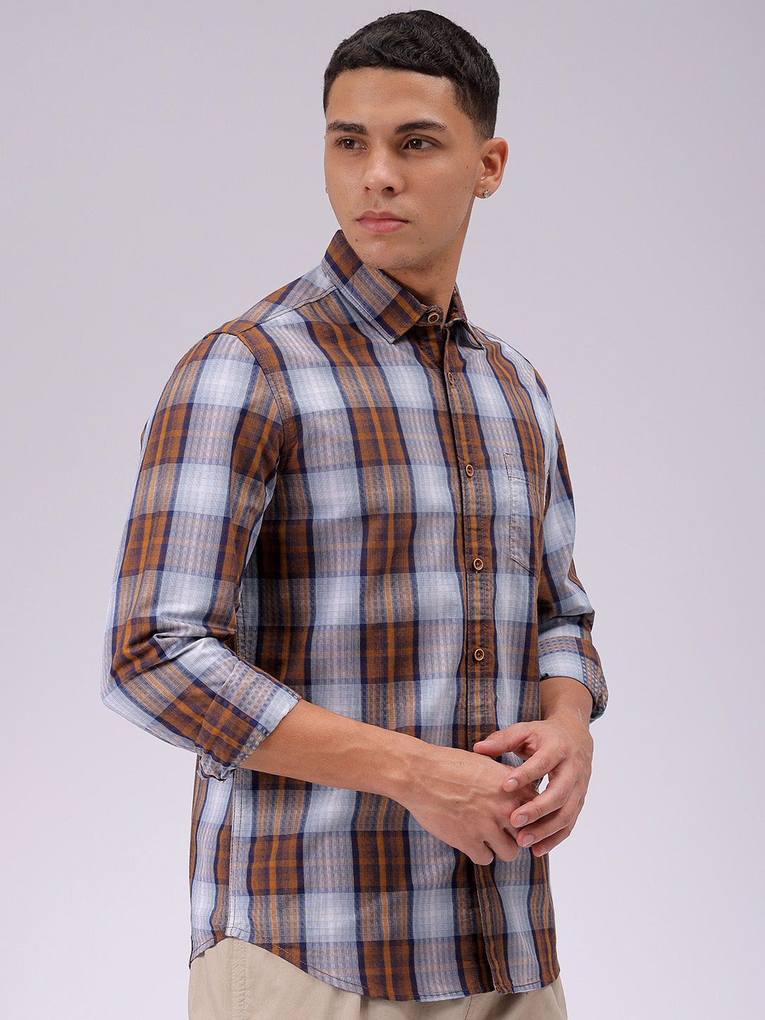 Men's Brown Slim Fit Checked Casual Shirt