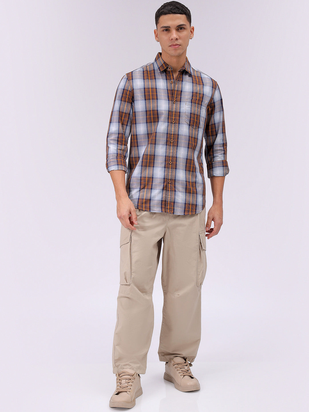 Men's Brown Slim Fit Checked Casual Shirt