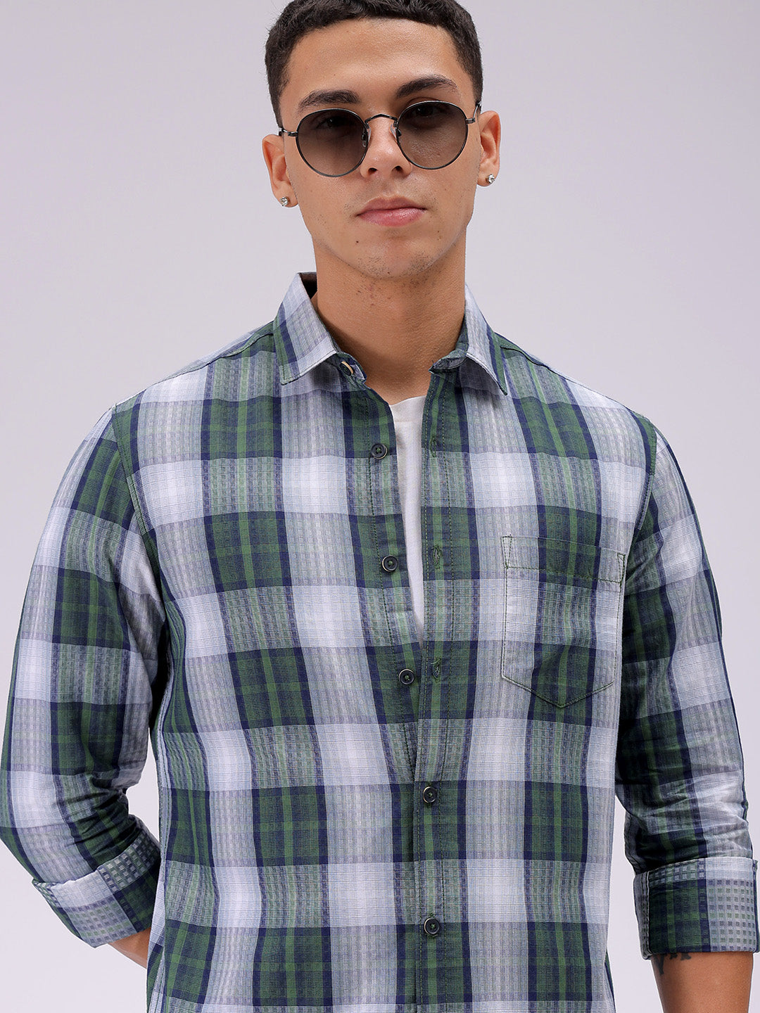 Men's Green Slim Fit Checked Casual Shirt