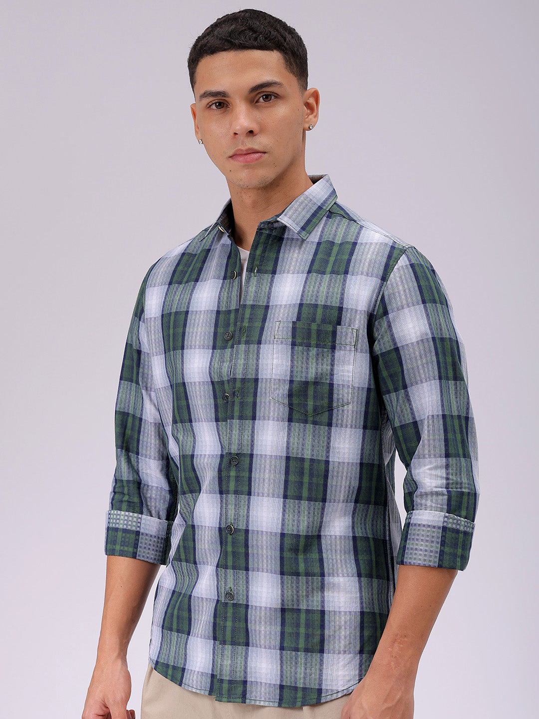 Men's Green Slim Fit Checked Casual Shirt