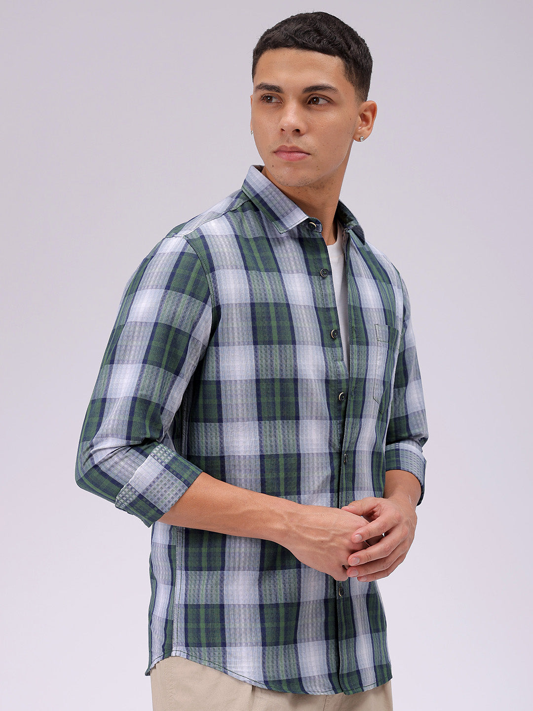 Men's Green Slim Fit Checked Casual Shirt