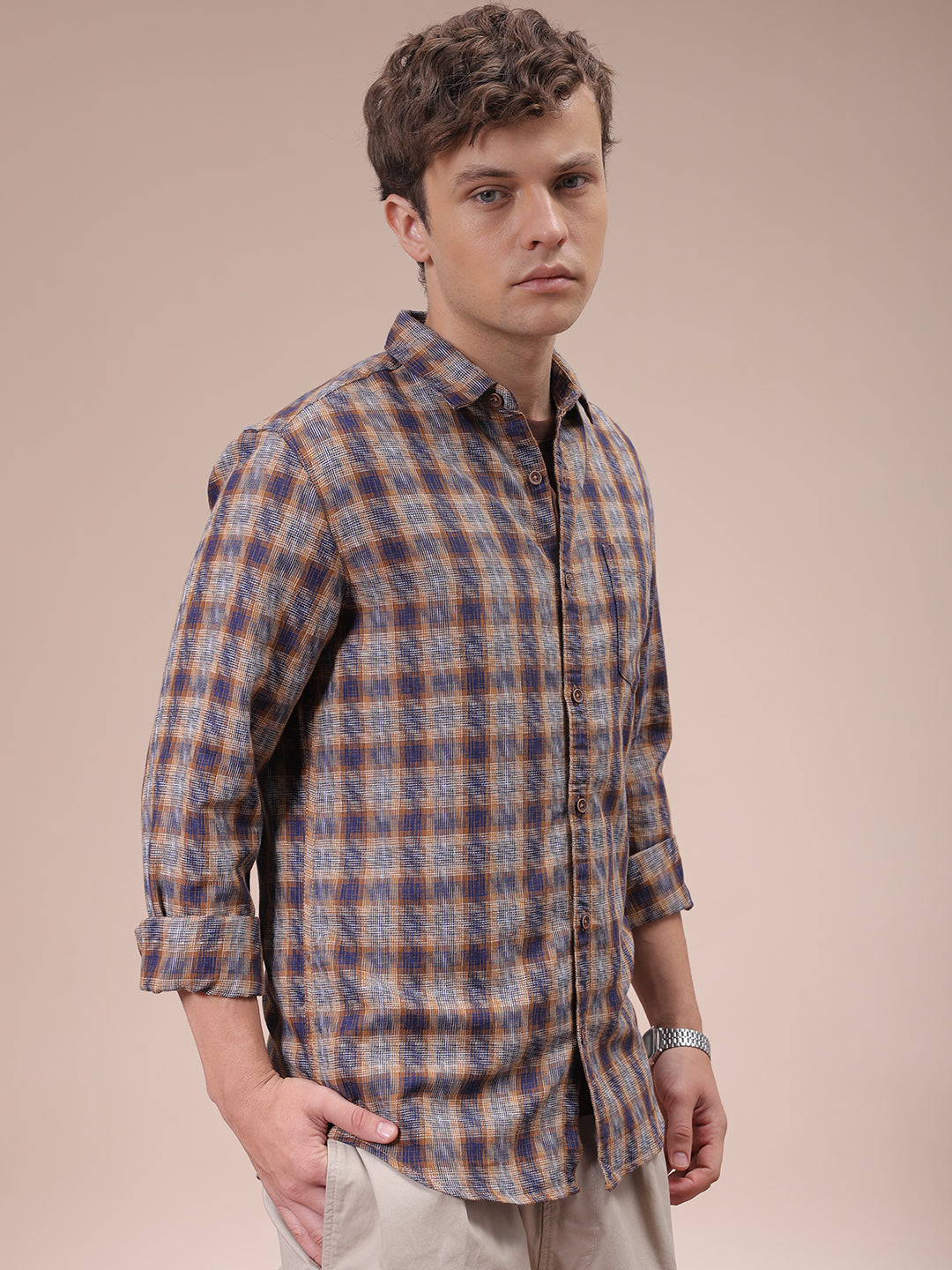 Men's Brown Slim Fit Checked Shirt