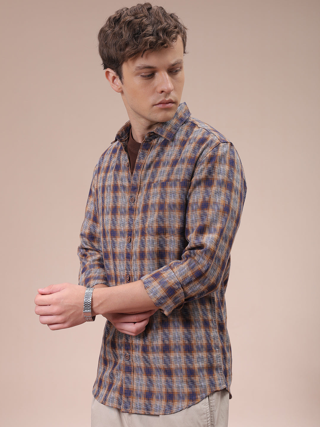 Men's Brown Slim Fit Checked Shirt