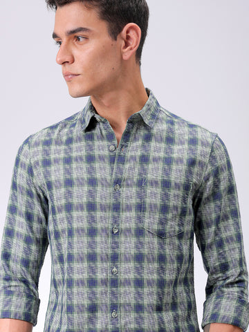 Men's Green Slim Fit Checked Casual Shirt