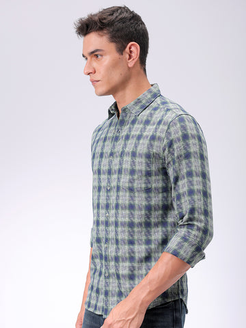 Men's Green Slim Fit Checked Casual Shirt