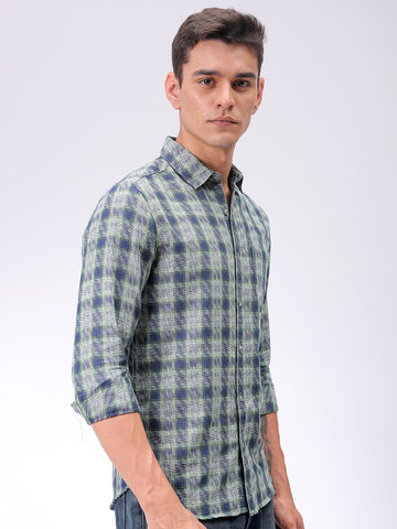 Men's Green Slim Fit Checked Casual Shirt