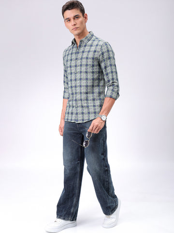 Men's Green Slim Fit Checked Casual Shirt