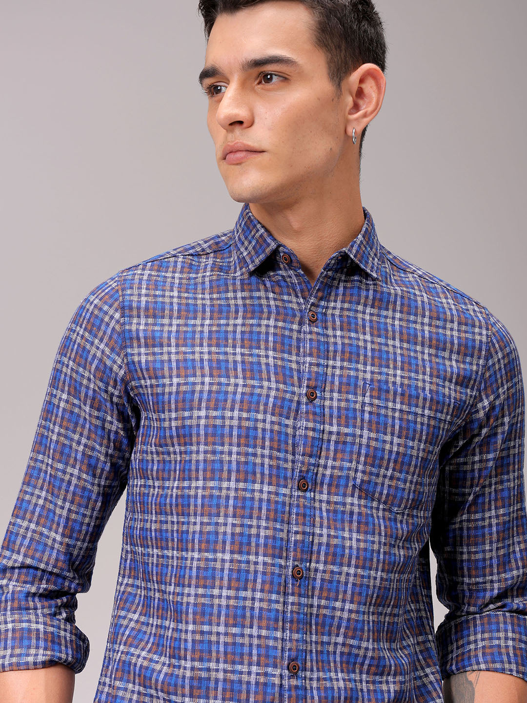 Men's Blue Slim Fit Checked Casual Shirt