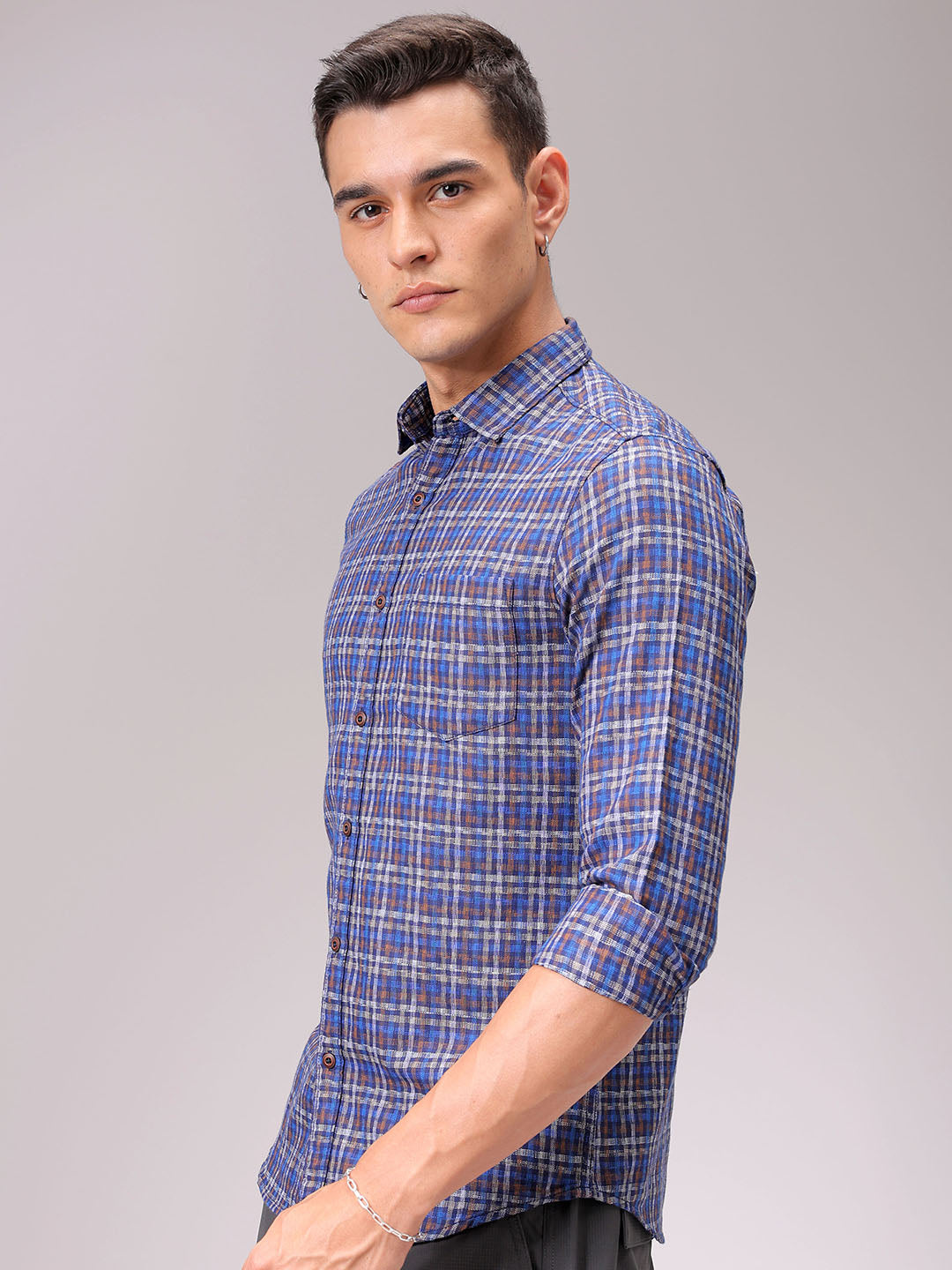 Men's Blue Slim Fit Checked Casual Shirt