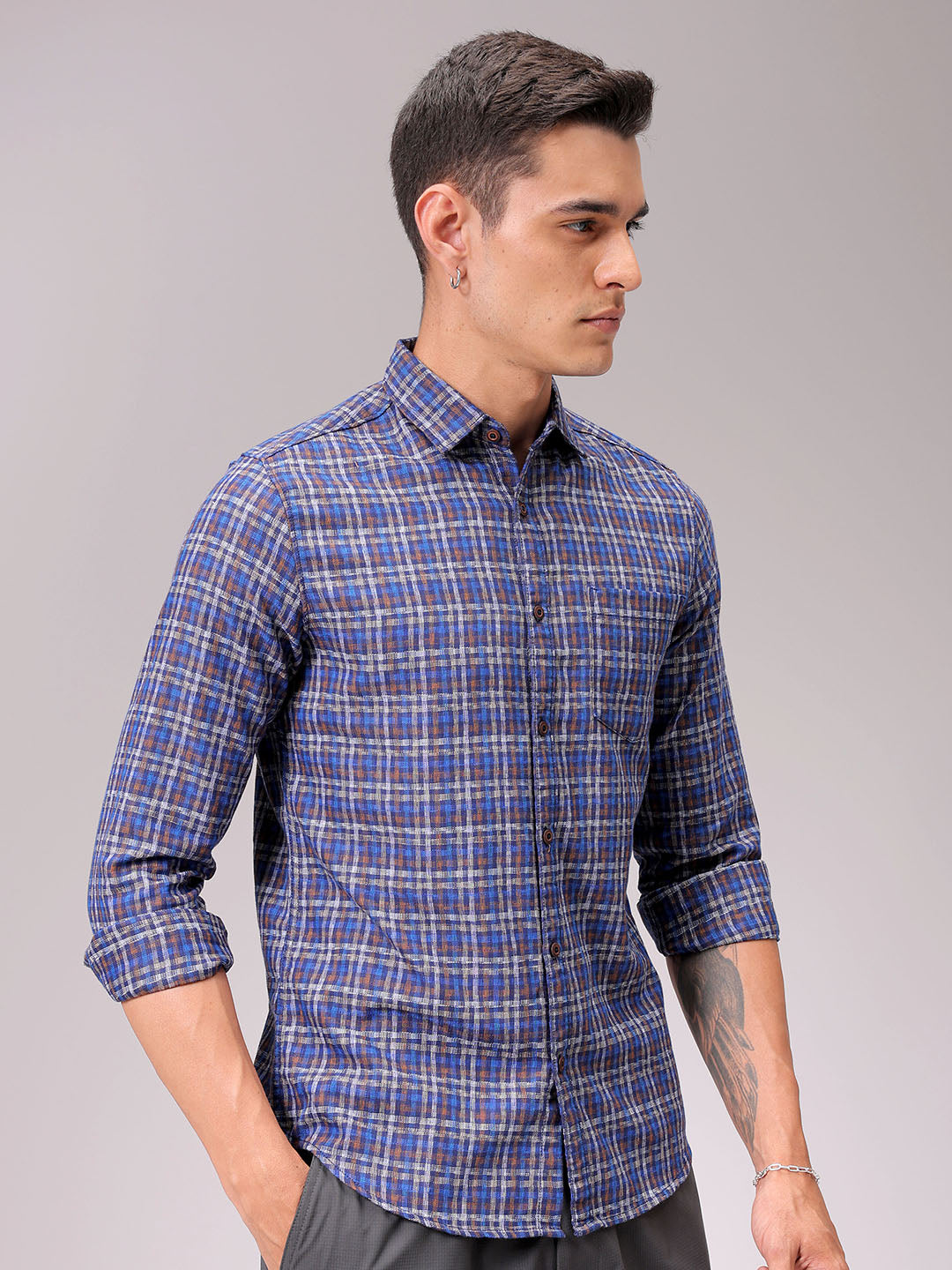 Men's Blue Slim Fit Checked Casual Shirt