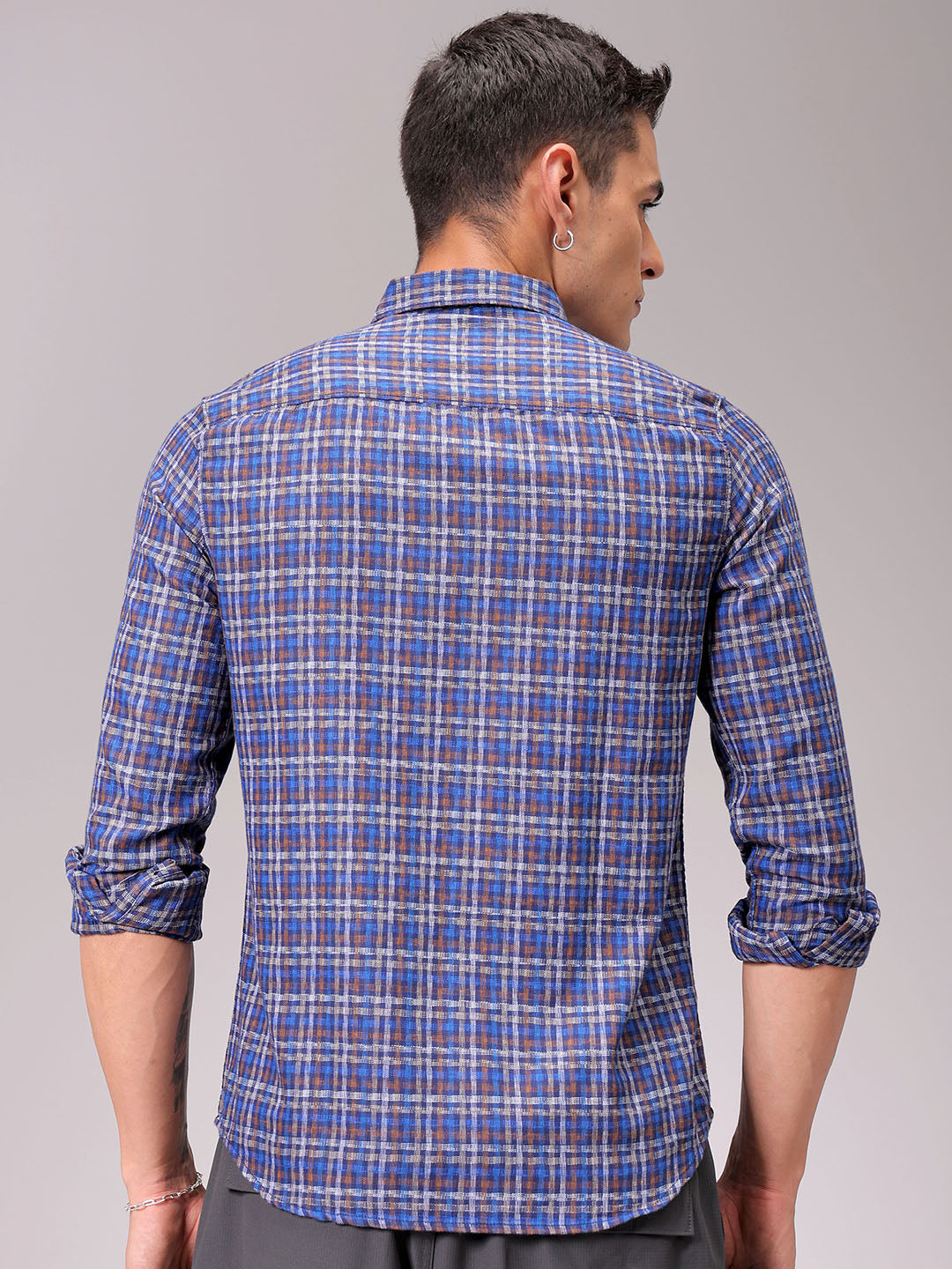 Men's Blue Slim Fit Checked Casual Shirt